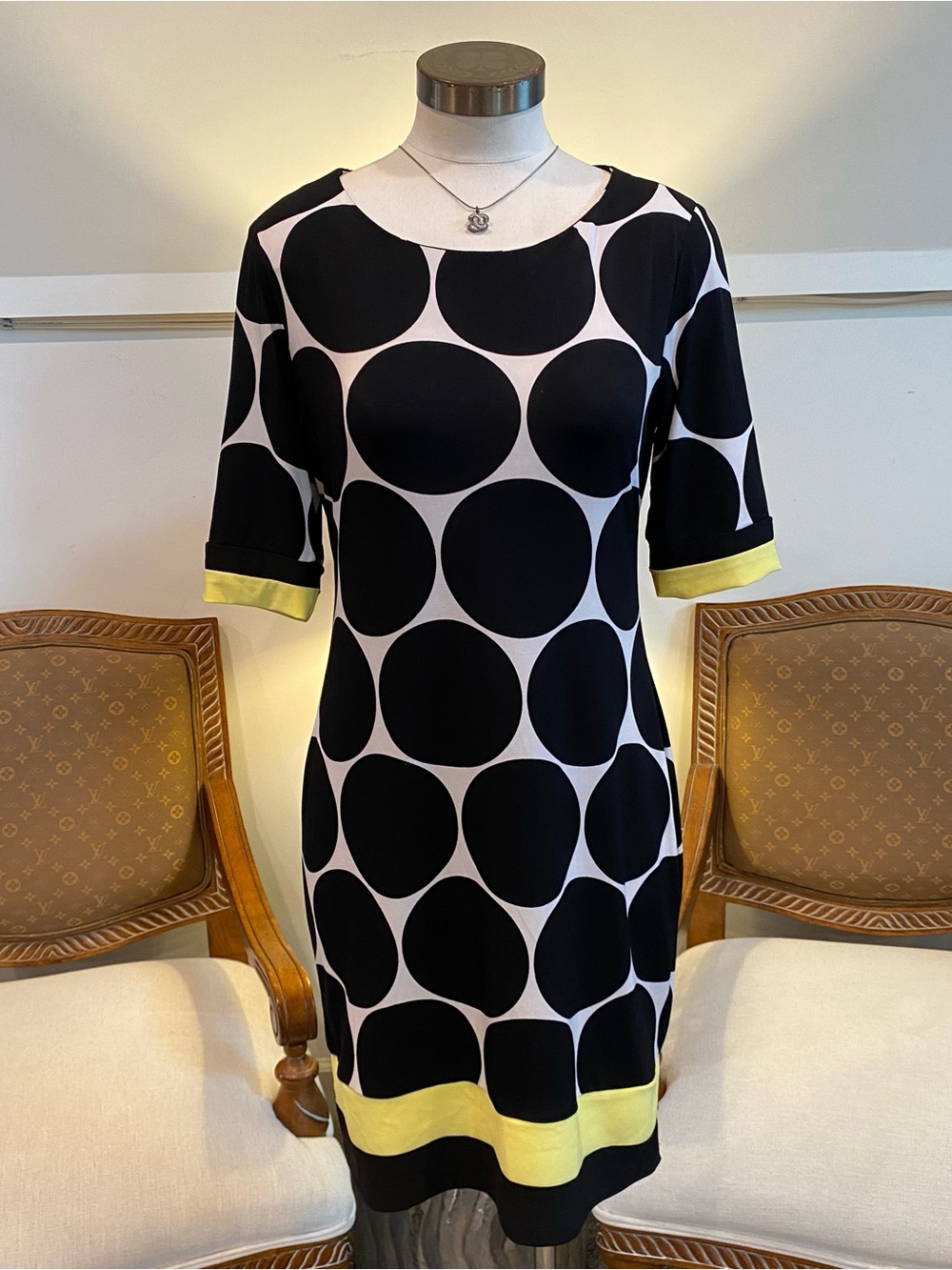 Vintage Black & White Polka Dot Shift Dress with Yellow Trim Mod Go-Go Girl MCM